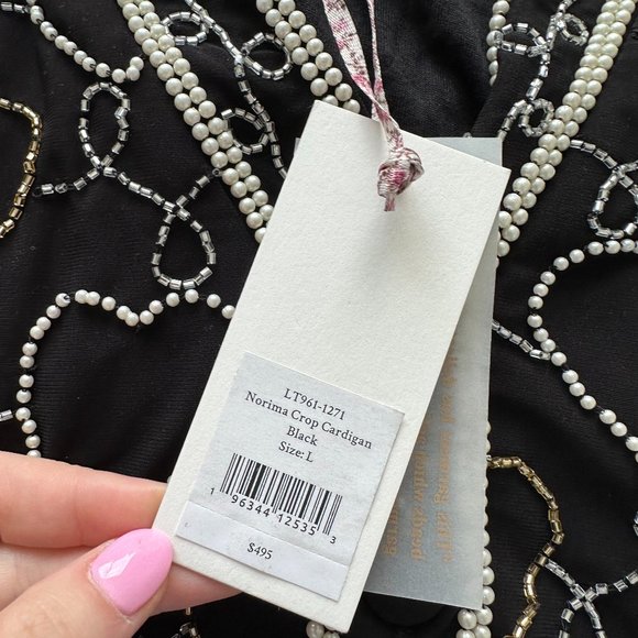 LoveShackFancy Norima Crop Cardigan Sz L Black Beaded Heart V-neck Cuff Sleeves - Picture 3 of 11